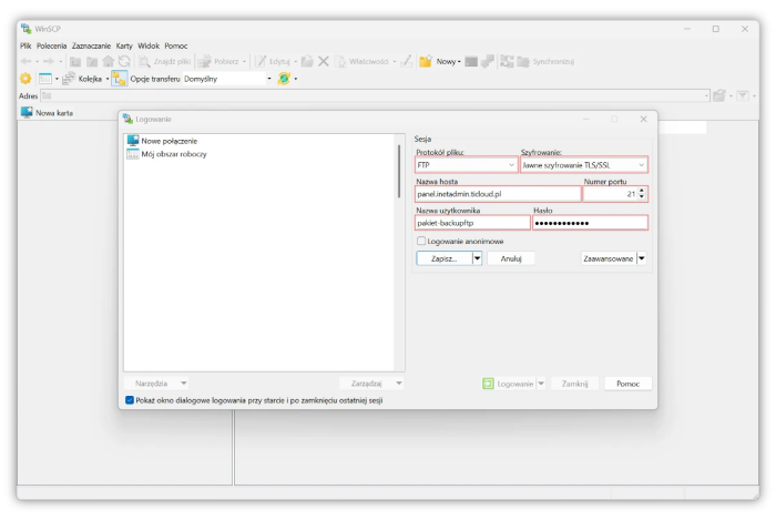 Konfiguracja konta *-backupftp w aplikacji WinSCP